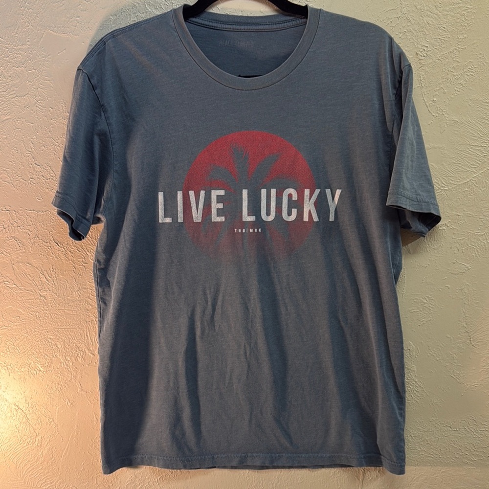 Blue Short Sleeve Tee with LIVE LUCKY Graphic